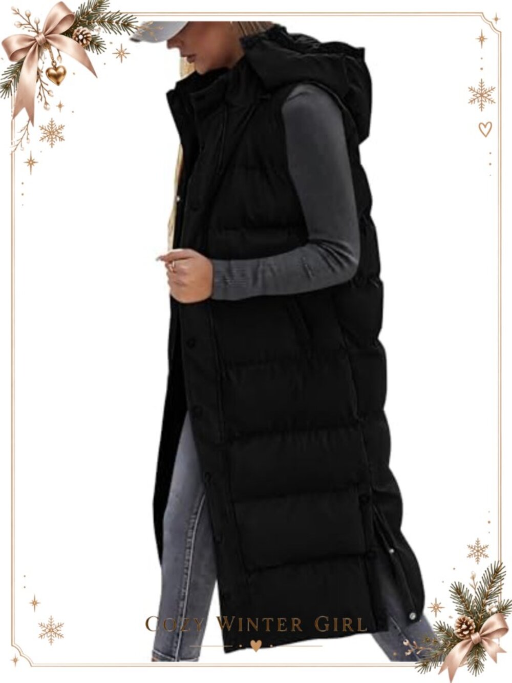 Puffer Quilted Long Vest Hooded Sleeveless Button Zip Side Slits Relaxed Fit